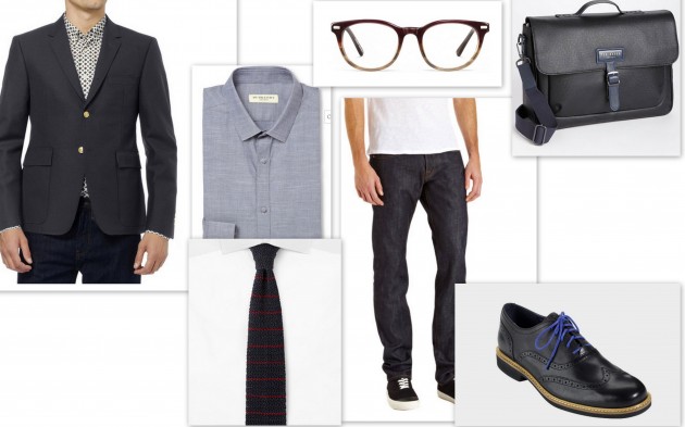 Cole Haan Great Jones Wingtips, J-Brand Darren Straight Leg Jean, Thom Browne Slim Fit Wool Blazer, Ted Baker New Grain Messenger Bag, Burberry London Slim Fit Chambray Button Up, Alfred Dunhill Striped Knitted Tie, Warby Parker Sinclair Burgundy Fade superman anniverary movie star designer buy cost find