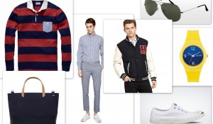 Gant, Heavy Rugger Chambray Pants, Gant Oxford Smarty Pants, Ray Baan’s Aviator, Jack Spade United Arrows Dipped Coal Bag, Hilfiger H Varsity Jacket, Jack Purcell White canvas Converse.